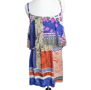 Savannah Rae Dress Small Chiffon Boho Beige Blue Purple Orange Patchwork Mini